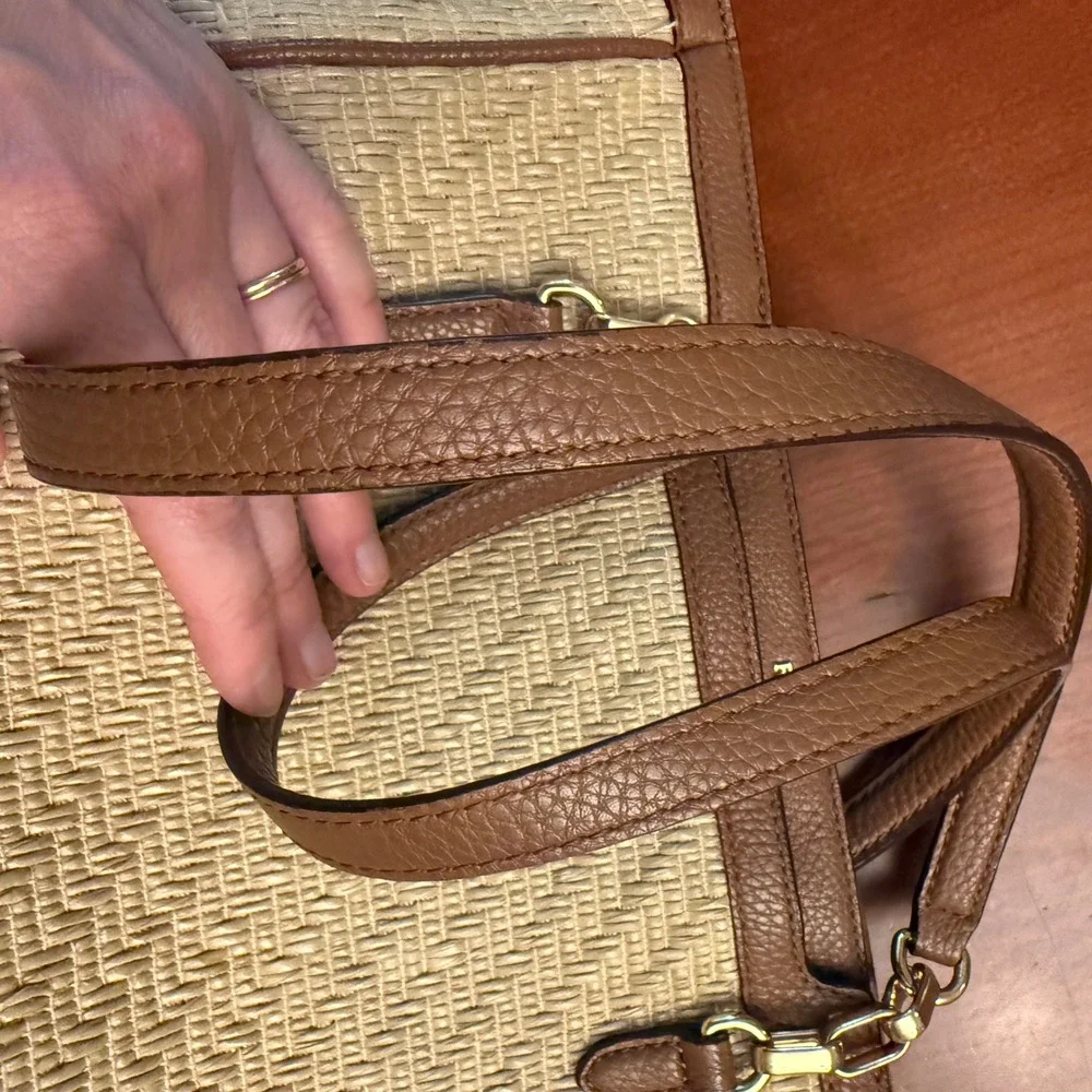 Ralph Lauren woven straw gold faux leather tote bag purse classic summer resort
